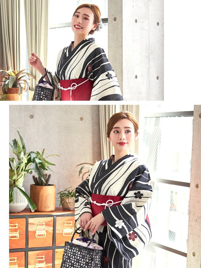 イメージ画像2 浴衣 セット レディース Tika ティカ 久保七瀬着用 レトロ生成り地×よろけ縞に桜 ゆかた3点セット 浴衣+平帯or作り帯+下駄 浴衣 可愛い かわいい レトロ モダン 大人 女性 女 安い 通販