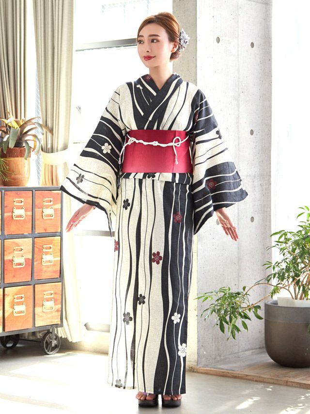イメージ画像4 浴衣 セット レディース Tika ティカ 久保七瀬着用 レトロ生成り地×よろけ縞に桜 ゆかた3点セット 浴衣+平帯or作り帯+下駄 浴衣 可愛い かわいい レトロ モダン 大人 女性 女 安い 通販