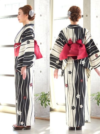 イメージ画像5 浴衣 セット レディース Tika ティカ 久保七瀬着用 レトロ生成り地×よろけ縞に桜 ゆかた3点セット 浴衣+平帯or作り帯+下駄 浴衣 可愛い かわいい レトロ モダン 大人 女性 女 安い 通販