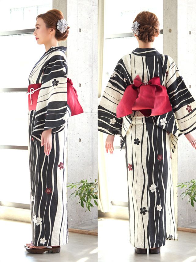 イメージ画像5 浴衣 セット レディース Tika ティカ 久保七瀬着用 レトロ生成り地×よろけ縞に桜 ゆかた3点セット 浴衣+平帯or作り帯+下駄 浴衣 可愛い かわいい レトロ モダン 大人 女性 女 安い 通販