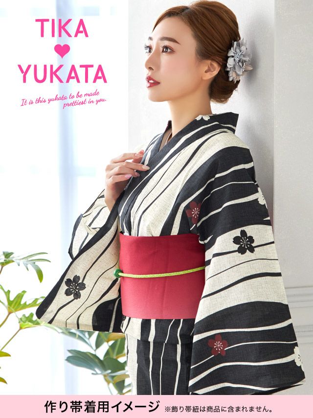 イメージ画像8 浴衣 セット レディース Tika ティカ 久保七瀬着用 レトロ生成り地×よろけ縞に桜 ゆかた3点セット 浴衣+平帯or作り帯+下駄 浴衣 可愛い かわいい レトロ モダン 大人 女性 女 安い 通販