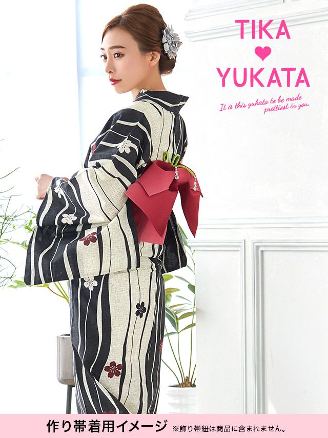 イメージ画像9 浴衣 セット レディース Tika ティカ 久保七瀬着用 レトロ生成り地×よろけ縞に桜 ゆかた3点セット 浴衣+平帯or作り帯+下駄 浴衣 可愛い かわいい レトロ モダン 大人 女性 女 安い 通販