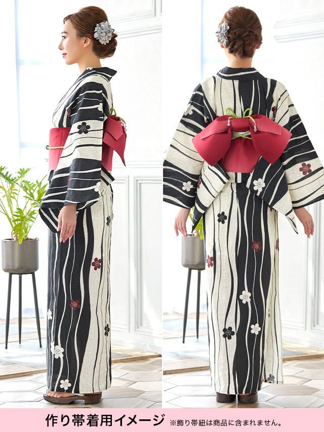 イメージ画像10 浴衣 セット レディース Tika ティカ 久保七瀬着用 レトロ生成り地×よろけ縞に桜 ゆかた3点セット 浴衣+平帯or作り帯+下駄 浴衣 可愛い かわいい レトロ モダン 大人 女性 女 安い 通販