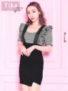メイン画像 キャバドレス 韓国 [Tika/ティカ]久保七瀬着用 フリル ギンガムチェック レース サロペット風 ドッキング アシメ タイト ミニドレス ギンガムチェック×ブラック S?Lサイズ 韓国ドレス キャバ ドレス 大きいサイズ ミニ 膝丈 キャバワンピ 私服 シンプル ワンピース 通販