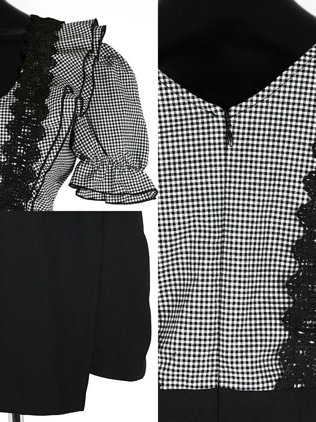 イメージ画像6 キャバドレス 韓国 [Tika/ティカ]久保七瀬着用 フリル ギンガムチェック レース サロペット風 ドッキング アシメ タイト ミニドレス ギンガムチェック×ブラック S?Lサイズ 韓国ドレス キャバ ドレス 大きいサイズ ミニ 膝丈 キャバワンピ 私服 シンプル ワンピース 通販
