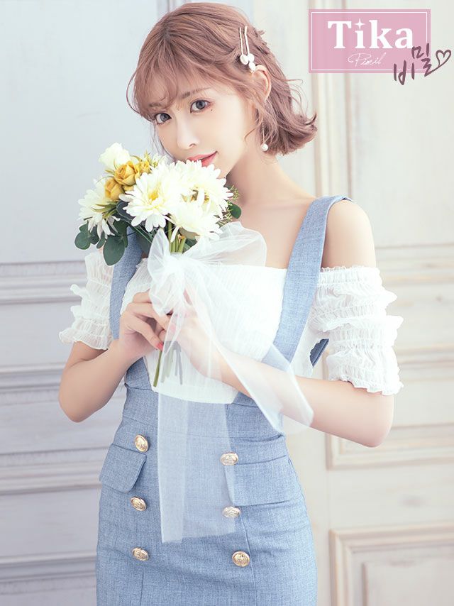 SALE] [韓国ドレス] 肩あきギャザーサロペット風タイトミニドレス (S ...