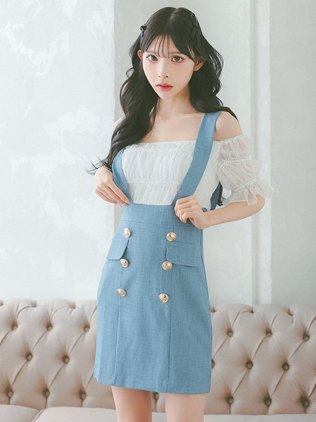 イメージ画像2 キャバドレス 韓国 [Tika/ティカ]久保七瀬着用 オフショル ギャザー サロペット風 タイト ミニドレス ホワイト×ブルー S?Lサイズ 韓国ドレス キャバ ドレス タイトドレス 大きいサイズ ミニ 膝丈 キャバワンピ 私服 シンプル ワンピース 白 青 通販