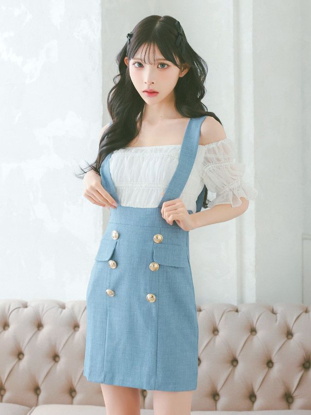 イメージ画像2 キャバドレス 韓国 [Tika/ティカ]久保七瀬着用 オフショル ギャザー サロペット風 タイト ミニドレス ホワイト×ブルー S?Lサイズ 韓国ドレス キャバ ドレス タイトドレス 大きいサイズ ミニ 膝丈 キャバワンピ 私服 シンプル ワンピース 白 青 通販