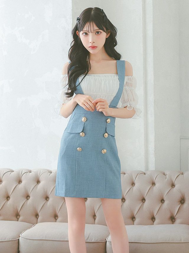 イメージ画像3 キャバドレス 韓国 [Tika/ティカ]久保七瀬着用 オフショル ギャザー サロペット風 タイト ミニドレス ホワイト×ブルー S?Lサイズ 韓国ドレス キャバ ドレス タイトドレス 大きいサイズ ミニ 膝丈 キャバワンピ 私服 シンプル ワンピース 白 青 通販