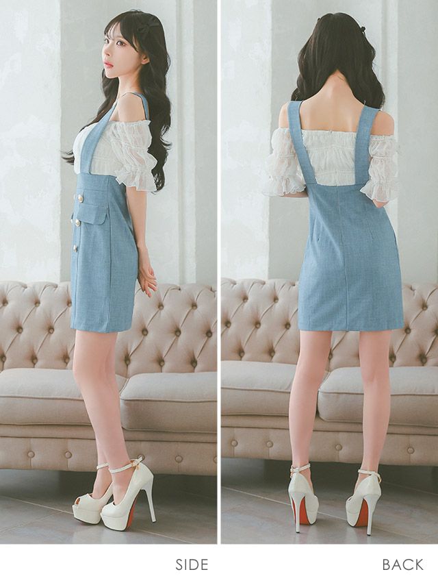 イメージ画像6 キャバドレス 韓国 [Tika/ティカ]久保七瀬着用 オフショル ギャザー サロペット風 タイト ミニドレス ホワイト×ブルー S?Lサイズ 韓国ドレス キャバ ドレス タイトドレス 大きいサイズ ミニ 膝丈 キャバワンピ 私服 シンプル ワンピース 白 青 通販