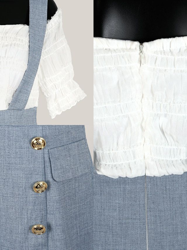 イメージ画像8 キャバドレス 韓国 [Tika/ティカ]久保七瀬着用 オフショル ギャザー サロペット風 タイト ミニドレス ホワイト×ブルー S?Lサイズ 韓国ドレス キャバ ドレス タイトドレス 大きいサイズ ミニ 膝丈 キャバワンピ 私服 シンプル ワンピース 白 青 通販