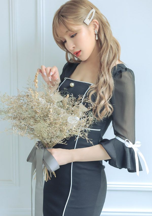 キャバドレス ミディアムドレス 韓国ドレス 膝丈 大きいサイズ Tika ティカ ベルスリーブリボンモノトーンタイトスリットミディアムドレス