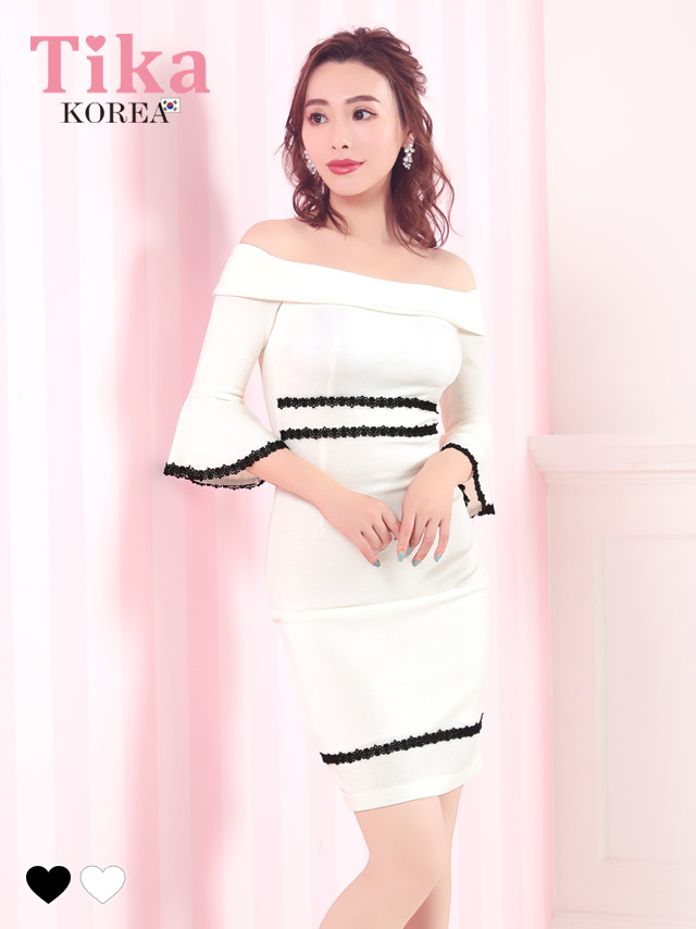 メイン画像 キャバドレス 韓国 [Tika/ティカ]久保七瀬着用 オフショルダー フラワー 刺繍 レース ベルスリーブ モノトーン タイト ミニドレス ホワイト ブラック S?Lサイズ 韓国ドレス キャバ ドレス aライン 大きいサイズ ミニ 膝丈 キャバワンピ 私服 シンプル ワンピース 白 黒 通販