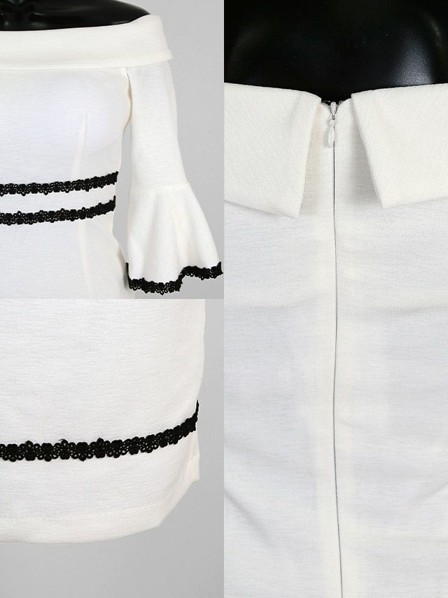 イメージ画像7 キャバドレス 韓国 [Tika/ティカ]久保七瀬着用 オフショルダー フラワー 刺繍 レース ベルスリーブ モノトーン タイト ミニドレス ホワイト ブラック S?Lサイズ 韓国ドレス キャバ ドレス aライン 大きいサイズ ミニ 膝丈 キャバワンピ 私服 シンプル ワンピース 白 黒 通販