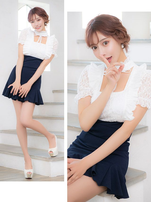 イメージ画像2 キャバドレス 韓国 [Tika/ティカ]久保七瀬着用 レース スタンド フリル チョーカー リボン バイカラー フレア ミニドレス ホワイト×ネイビー S?Lサイズ 韓国ドレス キャバ ドレス aライン 大きいサイズ ミニ 膝丈 キャバワンピ 私服 シンプル ワンピース 白 紺 通販