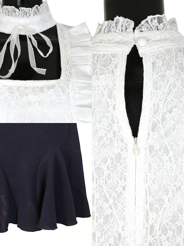 イメージ画像7 キャバドレス 韓国 [Tika/ティカ]久保七瀬着用 レース スタンド フリル チョーカー リボン バイカラー フレア ミニドレス ホワイト×ネイビー S?Lサイズ 韓国ドレス キャバ ドレス aライン 大きいサイズ ミニ 膝丈 キャバワンピ 私服 シンプル ワンピース 白 紺 通販