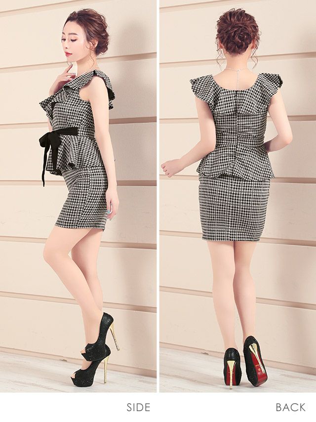 イメージ画像3 フリルスリーブペプラムウエストリボン千鳥柄タイトミニキャバドレス 大きいサイズ対応S?XXXLサイズ 千鳥格子
