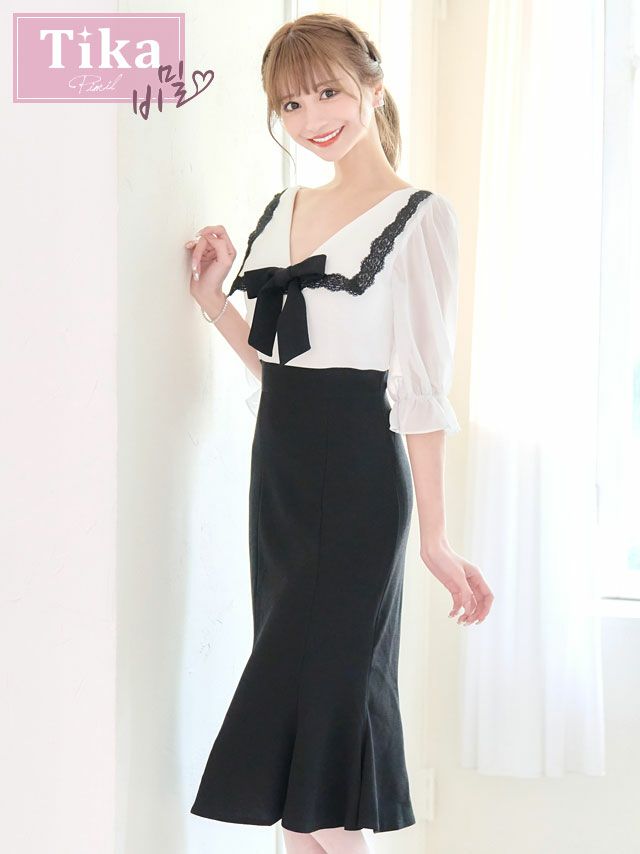 韓国ドレス] 刺繍レースバイカラー襟デザインリボンマーメイド袖あり膝