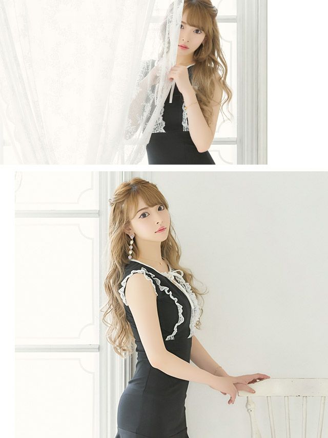 イメージ画像2 キャバドレス 韓国 [Tika/ティカ]黒崎みさ着用 ネックリボン レース 裾フリル ミニドレス ブルー ブラック S?Lサイズ 韓国ドレス キャバ ドレス 大きいサイズ ミニ 膝丈 キャバワンピ 私服 シンプル ワンピース 青 黒 通販