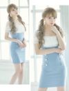 イメージ画像2 キャバドレス 韓国 [Tika/ティカ]黒崎みさ着用 パフスリーブ シフォン ギャザー サロペット風 タイト ミニドレス ホワイト×ブルー S?Lサイズ 韓国ドレス キャバ ドレス 大きいサイズ ミニ 膝丈 キャバワンピ 私服 シンプル ワンピース 白 青 通販