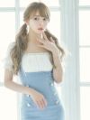 イメージ画像3 キャバドレス 韓国 [Tika/ティカ]黒崎みさ着用 パフスリーブ シフォン ギャザー サロペット風 タイト ミニドレス ホワイト×ブルー S?Lサイズ 韓国ドレス キャバ ドレス 大きいサイズ ミニ 膝丈 キャバワンピ 私服 シンプル ワンピース 白 青 通販