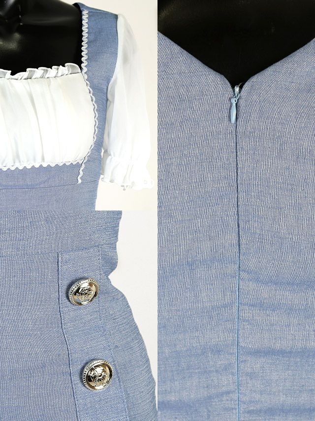 イメージ画像7 キャバドレス 韓国 [Tika/ティカ]黒崎みさ着用 パフスリーブ シフォン ギャザー サロペット風 タイト ミニドレス ホワイト×ブルー S?Lサイズ 韓国ドレス キャバ ドレス 大きいサイズ ミニ 膝丈 キャバワンピ 私服 シンプル ワンピース 白 青 通販