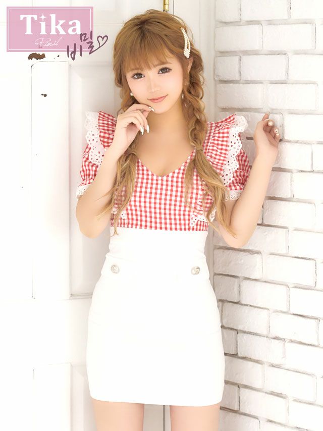 メイン画像 キャバドレス 韓国 [Tika/ティカ]聖菜着用 ギンガムチェック ケミカル レース フリル タイト ミニドレス レッドチェック×ホワイト S?Lサイズ 韓国ドレス キャバ ドレス 大きいサイズ ミニ 膝丈 キャバワンピ 私服 シンプル ワンピース 赤 白 通販