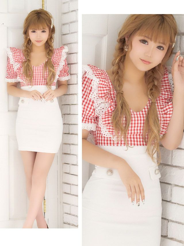 イメージ画像2 キャバドレス 韓国 [Tika/ティカ]聖菜着用 ギンガムチェック ケミカル レース フリル タイト ミニドレス レッドチェック×ホワイト S?Lサイズ 韓国ドレス キャバ ドレス 大きいサイズ ミニ 膝丈 キャバワンピ 私服 シンプル ワンピース 赤 白 通販