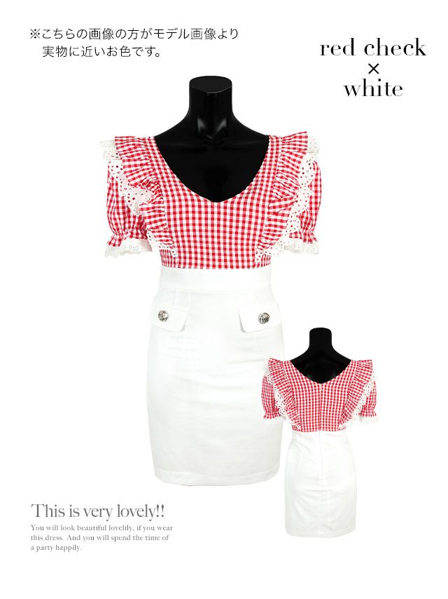 イメージ画像6 キャバドレス 韓国 [Tika/ティカ]聖菜着用 ギンガムチェック ケミカル レース フリル タイト ミニドレス レッドチェック×ホワイト S?Lサイズ 韓国ドレス キャバ ドレス 大きいサイズ ミニ 膝丈 キャバワンピ 私服 シンプル ワンピース 赤 白 通販