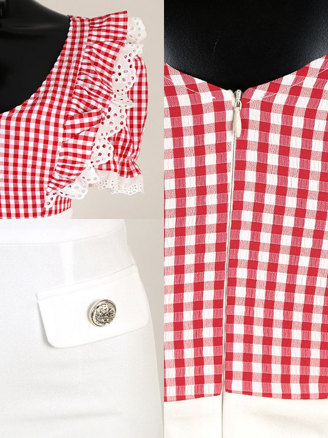 イメージ画像8 キャバドレス 韓国 [Tika/ティカ]聖菜着用 ギンガムチェック ケミカル レース フリル タイト ミニドレス レッドチェック×ホワイト S?Lサイズ 韓国ドレス キャバ ドレス 大きいサイズ ミニ 膝丈 キャバワンピ 私服 シンプル ワンピース 赤 白 通販