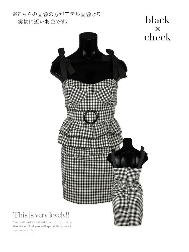 イメージ画像6 キャバドレス 韓国 [Tika/ティカ]黒崎みさ着用 ブロックチェック ぺプラム ウエスト リングベルト タイト ミニドレス ブラック S?Lサイズ 韓国ドレス キャバ ドレス 大きいサイズ ミニ 膝丈 キャバワンピ 私服 シンプル ワンピース 体型カバー 黒 通販