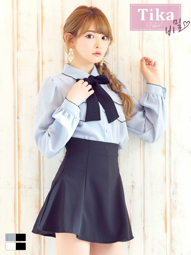 SALE] [韓国ドレス] セットアップ長袖パフスリーブネックリボン襟