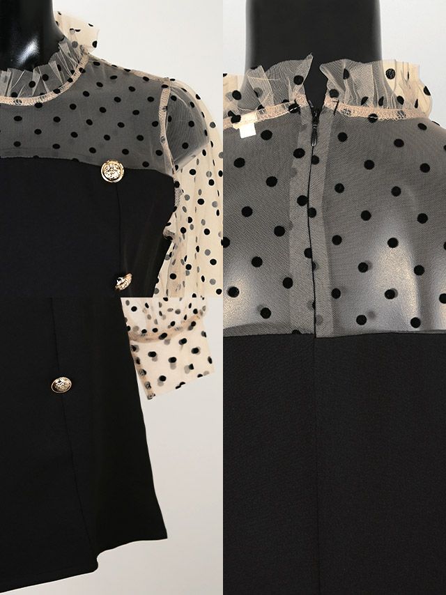 イメージ画像8 キャバドレス 安い Tika ティカ 一條りおな着用 ハイネック フリル ドット柄 シースル ダブルボタン フレア ミニドレス ベージュ×ブラック S?XLサイズ キャバ ドレス 大きいサイズ aライン ミニ 膝丈 可愛い 通販