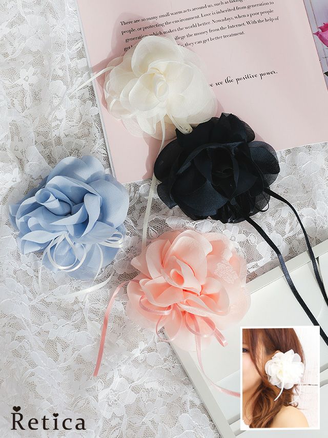 髪飾りパールリボンシフォンフラワー