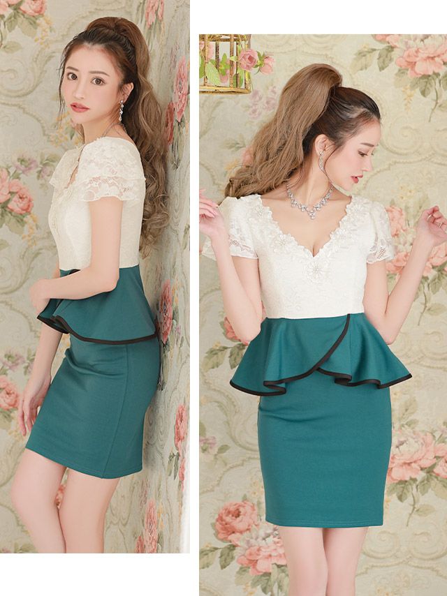 イメージ画像2 フラワー刺繍レースバイカラーペプラムウエストリボンタイトミニキャバドレス  大きいサイズ対応S?XXLサイズ