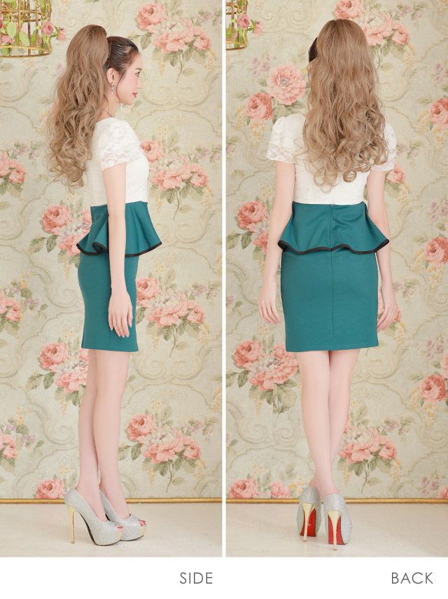 イメージ画像5 フラワー刺繍レースバイカラーペプラムウエストリボンタイトミニキャバドレス  大きいサイズ対応S?XXLサイズ