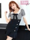 メイン画像 キャバドレス 韓国 [Tika/ティカ]明日花キララ着用 ギンガムチェック×ケミカルレース リボン 裾フリル ミニドレス チェック×ブラック S?Lサイズ 韓国ドレス キャバ ドレス 大きいサイズ ミニ 膝丈 キャバワンピ 私服 シンプル ワンピース 通販