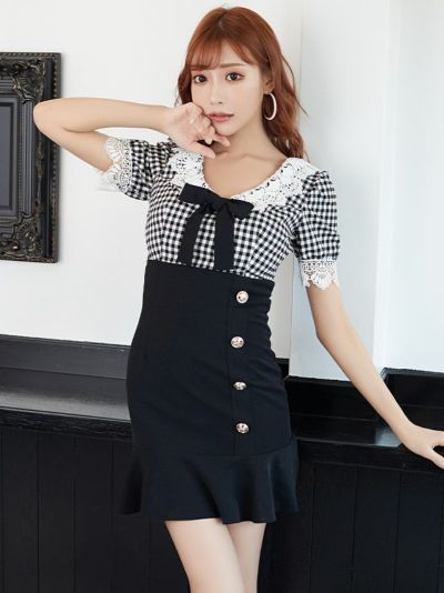 イメージ画像3 キャバドレス 韓国 [Tika/ティカ]明日花キララ着用 ギンガムチェック×ケミカルレース リボン 裾フリル ミニドレス チェック×ブラック S?Lサイズ 韓国ドレス キャバ ドレス 大きいサイズ ミニ 膝丈 キャバワンピ 私服 シンプル ワンピース 通販