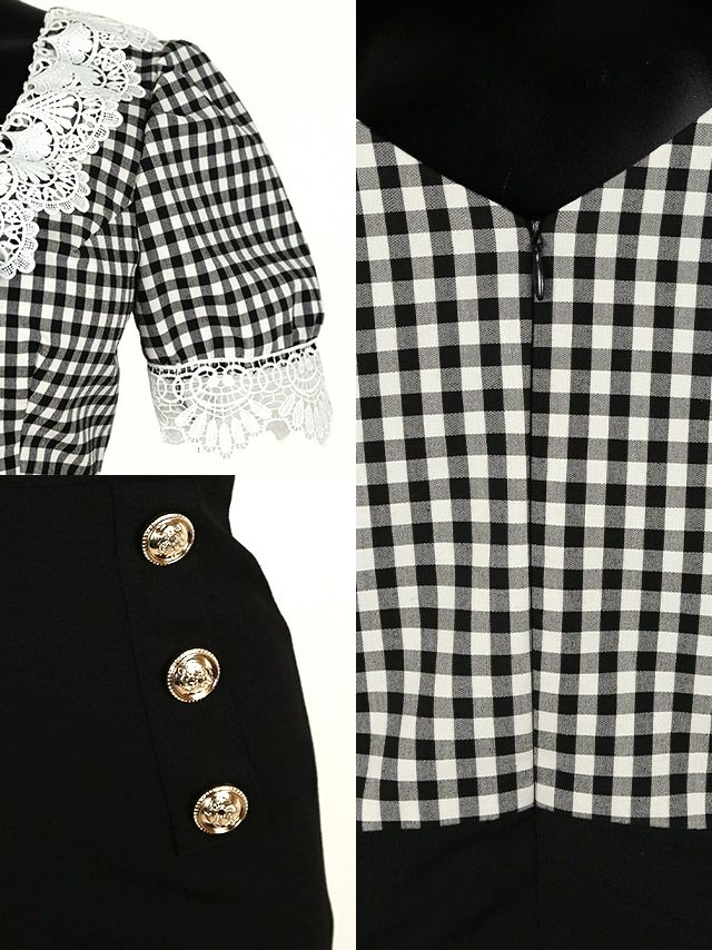 イメージ画像8 キャバドレス 韓国 [Tika/ティカ]明日花キララ着用 ギンガムチェック×ケミカルレース リボン 裾フリル ミニドレス チェック×ブラック S?Lサイズ 韓国ドレス キャバ ドレス 大きいサイズ ミニ 膝丈 キャバワンピ 私服 シンプル ワンピース 通販