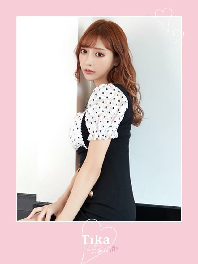 イメージ画像1 キャバドレス 韓国 [Tika/ティカ]明日花キララ着用 ドット フラワー レース パフスリーブ サロペット風 タイト ミニドレス ホワイト×ブラック S?Lサイズ 韓国ドレス キャバ ドレス 大きいサイズ ミニ 膝丈 キャバワンピ 私服 シンプル ワンピース 白 黒 通販