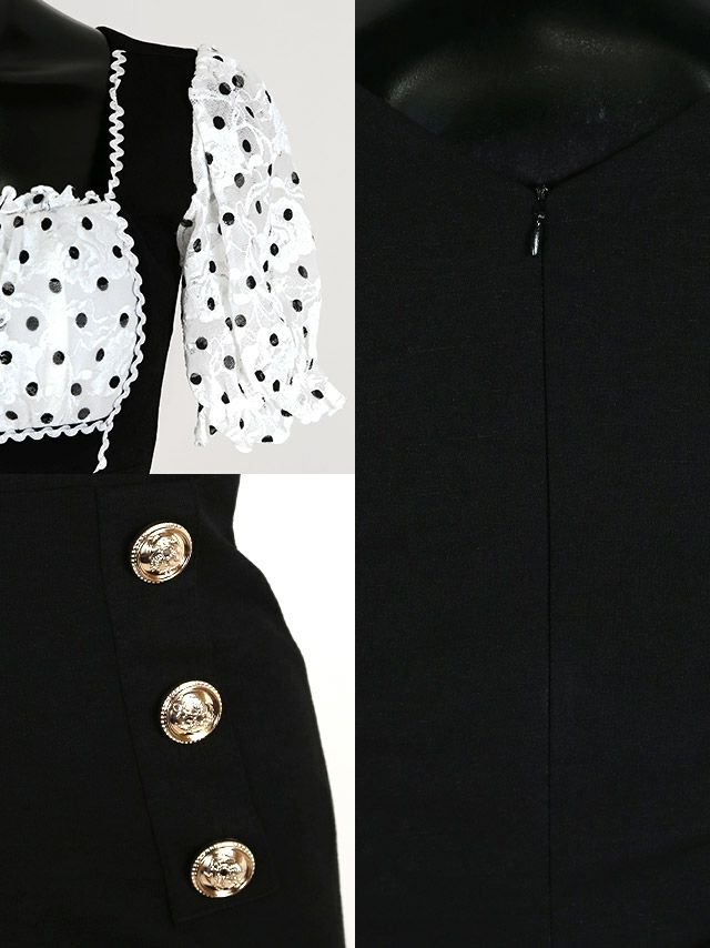 イメージ画像8 キャバドレス 韓国 [Tika/ティカ]明日花キララ着用 ドット フラワー レース パフスリーブ サロペット風 タイト ミニドレス ホワイト×ブラック S?Lサイズ 韓国ドレス キャバ ドレス 大きいサイズ ミニ 膝丈 キャバワンピ 私服 シンプル ワンピース 白 黒 通販