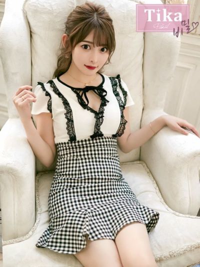 韓国ドレス] レース裾フリルチェック柄半袖ミニドレス (Sサイズ～L 