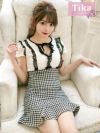 メイン画像 キャバドレス 韓国 [Tika/ティカ]黒崎みさ着用 ネックリボン レース裾 フリル チェック ミニドレス ホワイト チェック S?Lサイズ 韓国ドレス キャバ ドレス 大きいサイズ 袖あり 半袖 ミニ 膝丈 キャバワンピ 私服 シンプル ワンピース 白 黒 清楚 通販