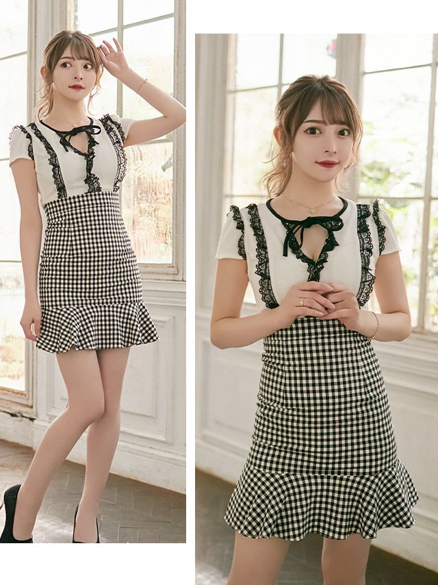 イメージ画像2 キャバドレス 韓国 [Tika/ティカ]黒崎みさ着用 ネックリボン レース裾 フリル チェック ミニドレス ホワイト チェック S?Lサイズ 韓国ドレス キャバ ドレス 大きいサイズ 袖あり 半袖 ミニ 膝丈 キャバワンピ 私服 シンプル ワンピース 白 黒 清楚 通販
