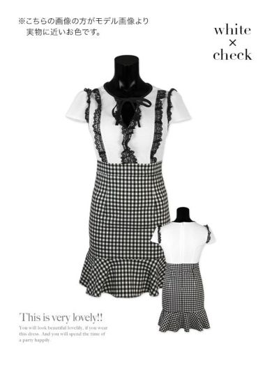 イメージ画像6 キャバドレス 韓国 [Tika/ティカ]黒崎みさ着用 ネックリボン レース裾 フリル チェック ミニドレス ホワイト チェック S?Lサイズ 韓国ドレス キャバ ドレス 大きいサイズ 袖あり 半袖 ミニ 膝丈 キャバワンピ 私服 シンプル ワンピース 白 黒 清楚 通販
