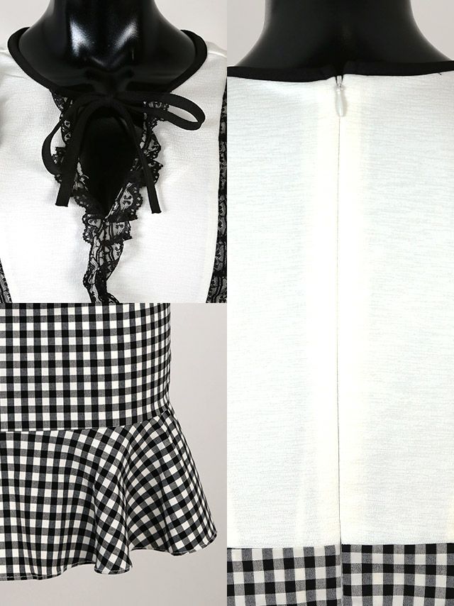イメージ画像8 キャバドレス 韓国 [Tika/ティカ]黒崎みさ着用 ネックリボン レース裾 フリル チェック ミニドレス ホワイト チェック S?Lサイズ 韓国ドレス キャバ ドレス 大きいサイズ 袖あり 半袖 ミニ 膝丈 キャバワンピ 私服 シンプル ワンピース 白 黒 清楚 通販