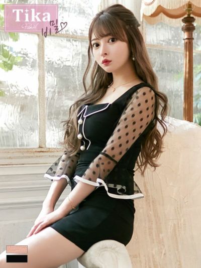韓国ドレス] ドット柄シースルーパフスリーブ袖ありタイトミニドレス 
