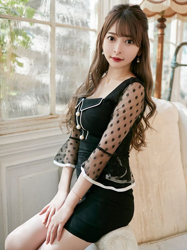 キャバドレス ミニドレス タイト 韓国 大きいサイズ 袖あり Tika ティカ ドットシースルーベルスリーブタイト袖ありミニドレス