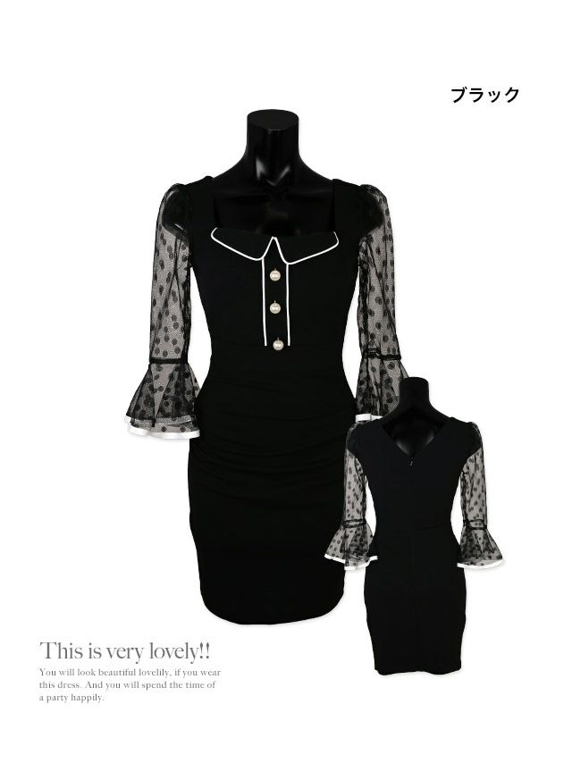 キャバドレス ミニドレス タイト 韓国 大きいサイズ 袖あり Tika ティカ ドットシースルーベルスリーブタイト袖ありミニドレス