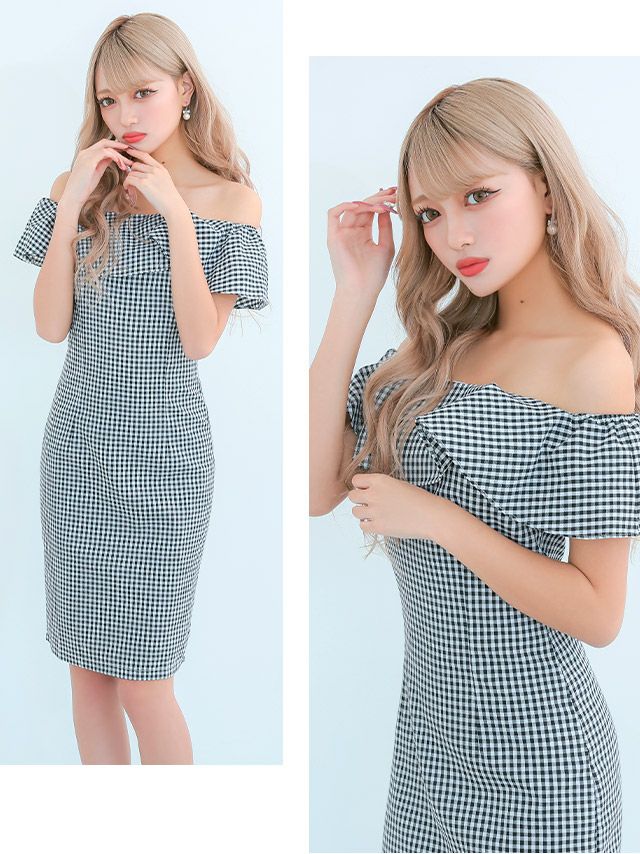 イメージ画像2 キャバドレス 激安 Tikaholic ティカホリック 中尾みほ着用 オフショル フリル ブロックチェック タイトドレス ブラック×ホワイトチェック S?Lサイズ キャバ ドレス 大きいサイズ タイトドレス ナイトドレス キャバ嬢 キャバクラ ラウンジ スナック 安い 通販